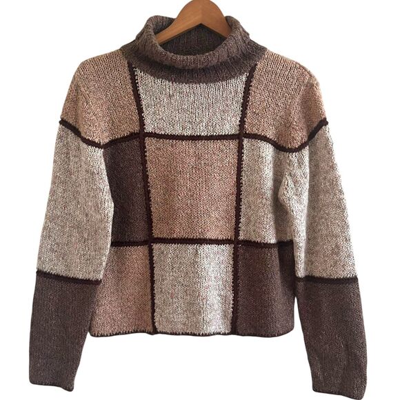 Vintage Y2K Fashion Bug Patchwork Sweater Cropped M Brown Tan Cozy Cottagecore - Picture 1 of 7